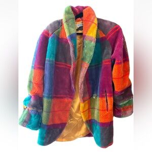 VTG DONNYBROOK Women's Sz US L/XL Rainbow Colorful Faux Fur Plaid Coat
